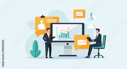 Two businessmen analyzing a chart on a computer screen and laptop, with data points in speech bubbles