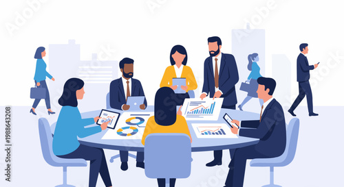 Diverse professionals collaborate around a table, analyzing charts, in a modern cityscape