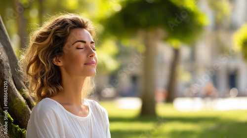Urban woman sitting on grass under a large tree with eyes closed and slow breathing, tranquil mid-day mindfulness scene with a soft city background, defocused background, with