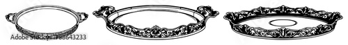 Tray set with ornate detailing and black line art design featuring brass, metal, patterns with black line art and white background