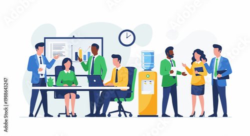 Diverse group of professionals collaborating and presenting data in an office setting