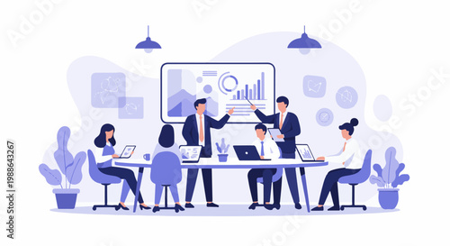 Professionals collaborate in a modern office setting, discussing data visualization on a screen