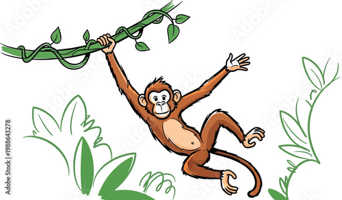A cheerful cartoon monkey with brown fur happily swings from a thick green jungle vine, portraying a playful and energetic wildlife character on a clean white background.