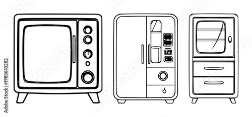 Retro cabinet set with simple line art and minimalistic black outline on white background featuring home storage, kitchen furnishings, vintage cabinetry with hinges and drawers