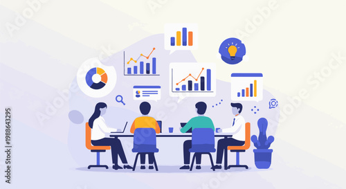 Diverse team collaborating on data analysis and idea generation at a meeting