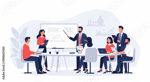 Business team in a meeting room presenting charts and data on a whiteboard