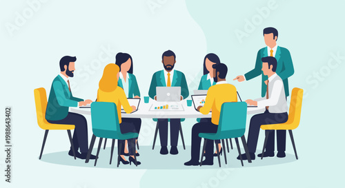A diverse group of professionals collaboratively discusses data at a modern meeting table