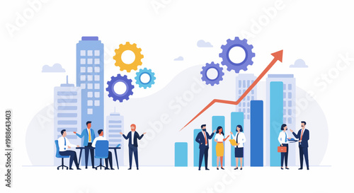 Business team meeting with charts, gears, and city backdrop