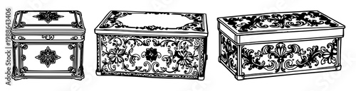 Ornate silver box set with intricate black line art on white background featuring silver, ornamentation, design with elegance and detail