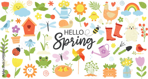 A colorful illustration of springtime with various cartoon elements