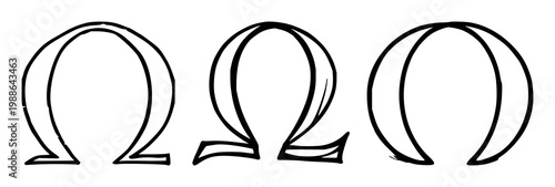 Omega icon set with black line art on white background featuring omega symbol, Greek letter, stylized icon with line art and minimalist
