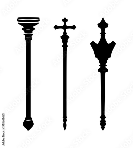 Scepter set with black silhouette on white background featuring monarchy, regalia, royal symbol with black silhouette and white background