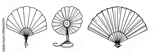Retro fan set with delicate black line art on white background featuring vintage stand fan, circular blades, simple illustration with fan design and fan style