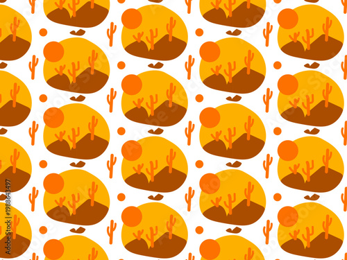 Desert Landscape Seamless Pattern with Cacti and Sun
