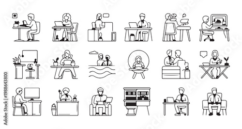 Set of minimalist linear icons showing diverse people working in office environments with various desk setups and art.