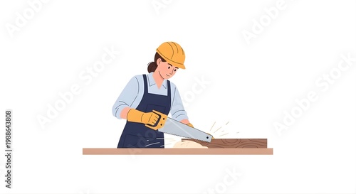 A woman in a hard hat and safety gear uses a power saw on a wood plank on Labor Day.