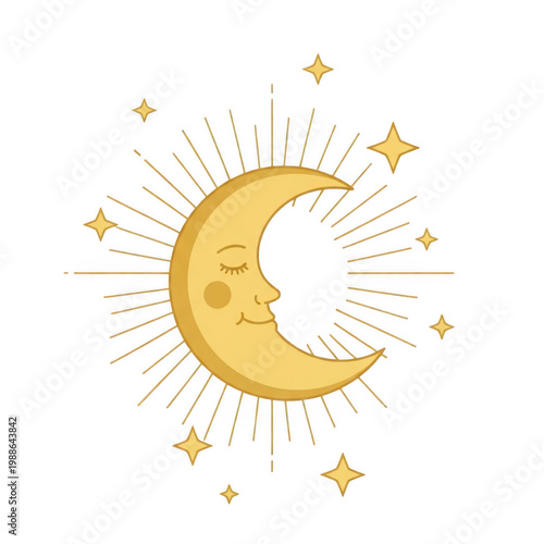 A whimsical crescent moon surrounded by delicate stars and twinkling lights isolated on transparent background
