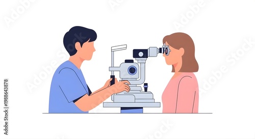 An optometrist examines a patient's vision on Labor Day using a phoropter and retinoscope in clinic.