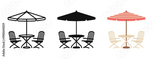 Outdoor patio set illustrations featuring sun umbrellas with tables and chairs in three different visual art styles.