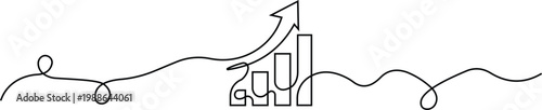 Continuous line of a rising bar chart with an upward arrow on a white background