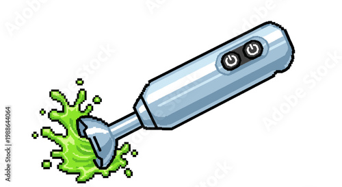 Handheld immersion blender with green liquid splash.