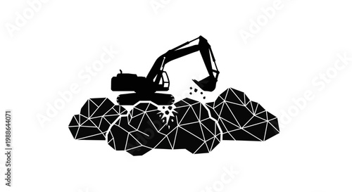 Excavator digging into a pile of geometric rocks.