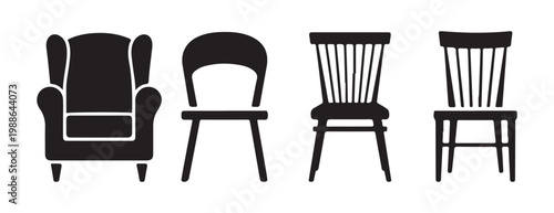 Selection of solid black silhouettes depicting various furniture pieces including wingback armchair and wood chairs.