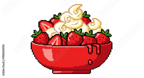 Pixel Art Strawberry Dessert Bowl with Cream.
