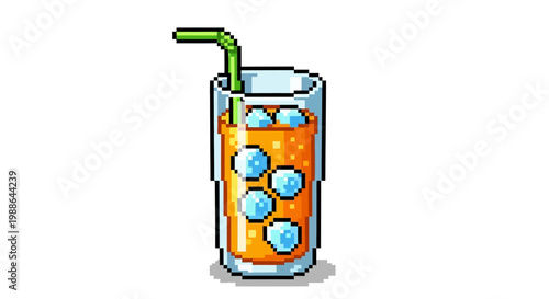 Pixel Art Refreshing Orange Drink with Ice Cubes and Straw.