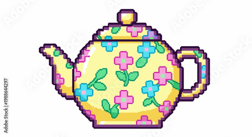 Pixel Art Yellow Teapot with Floral Pattern.