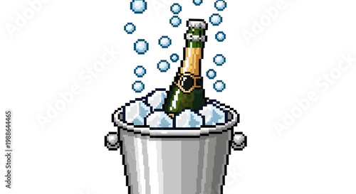 Champagne Bottle Chilling in Ice Bucket with Bubbles.