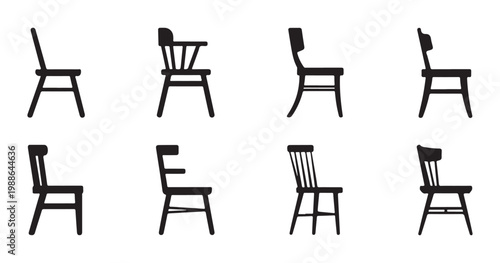 Side view of wooden chairs with backs and seats in different styles.