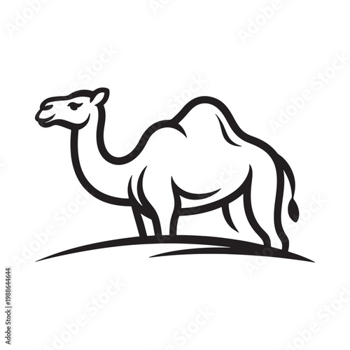 Simple black and white illustration of a camel standing in a landscape