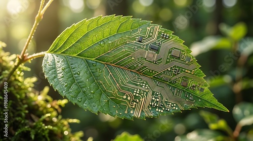 A green leaf with a circuit board design in a natural setting