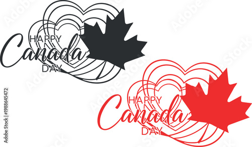 Celebrate Canada Day with this festive typographic graphic featuring stylized maple leaves and heart elements. Perfect for national holidays, celebrations, and patriotic marketing.