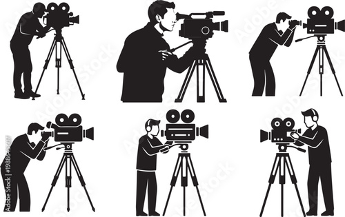 A cameraman operating a movie camera on a tripod silhouette. Cameraman with tripod vector illustration.
