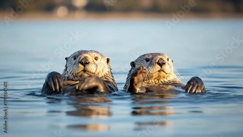 Two sea otters floating in water.