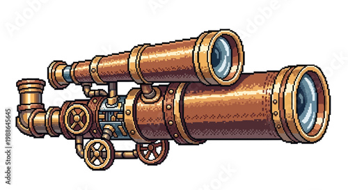 Steampunk Double Telescope With Brass Pipes and Gears.