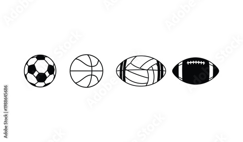 Four sports balls including soccer ball, basketball, volleyball, and american football