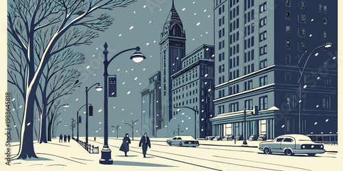 USA, US, U.S, United States - Snowfall NYC glowing street lights
