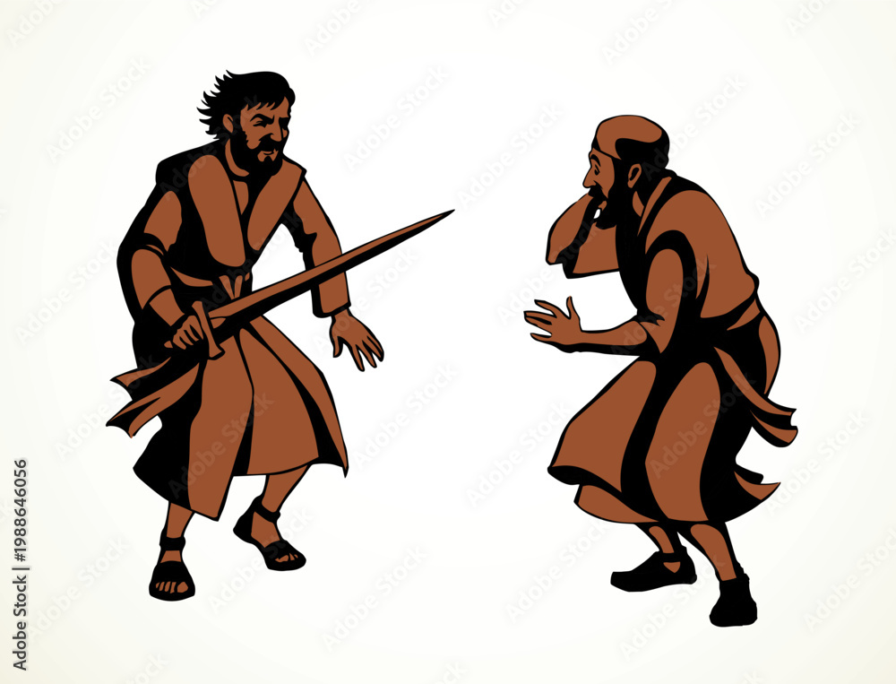 Naklejka premium Vector drawing. Afraid man in eastern clothes