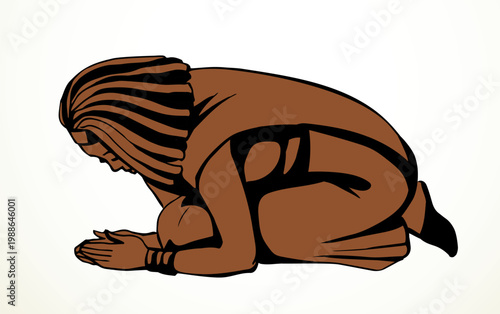 Vector drawing. Egyptian girl bow in praying