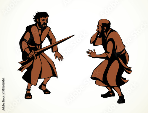 Vector drawing. Afraid man in eastern clothes