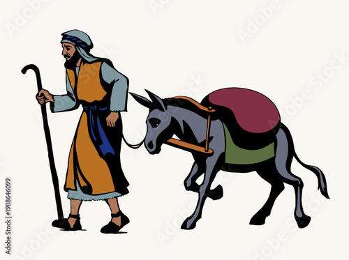 Vector drawing. Donkey loaded with cargo