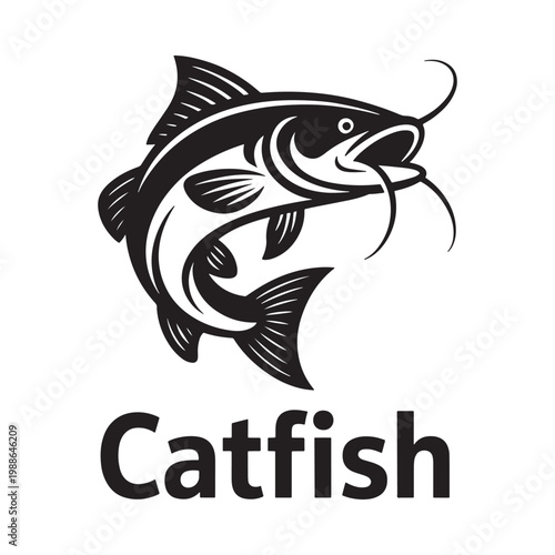 Stylized black and white illustration of a leaping catfish with whiskers
