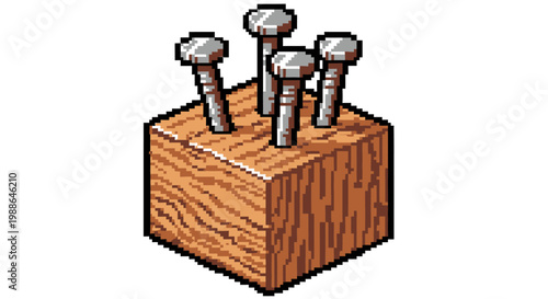 Four Metal Screws Embedded in Wooden Block.