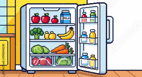 Open Refrigerator Filled With Fresh Food and Drinks.
