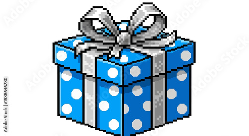 Pixel Art Blue Gift Box with White Polka Dots and Silver Ribbon.