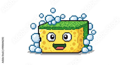 Cute Cartoon Sponge Character with Bubbles.