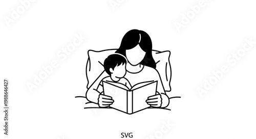 A minimalist vector illustration of a woman reading a book with a child in a cozy setting